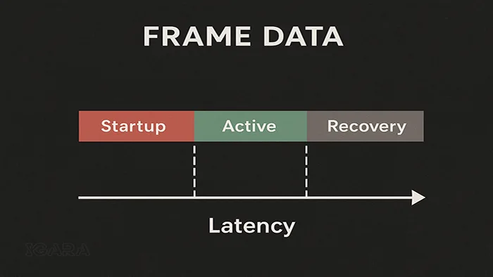 نمودار فریم دیتا (Frame Data) در بازی‌های فایتینگ | نمایش مراحل Startup, Active و Recovery و تأثیر Latency
