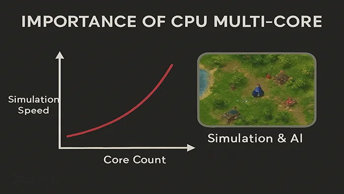 نمودار اهمیت CPU Multi-Core در پردازش شبیهسازی و AI بازیهای استراتژی